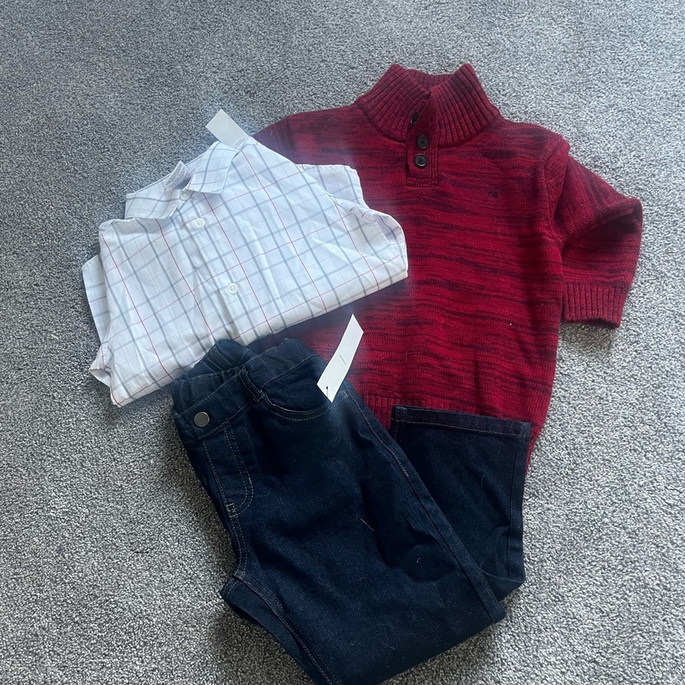 Calvin Klein Red Sweater and White Plaid Shirt Set